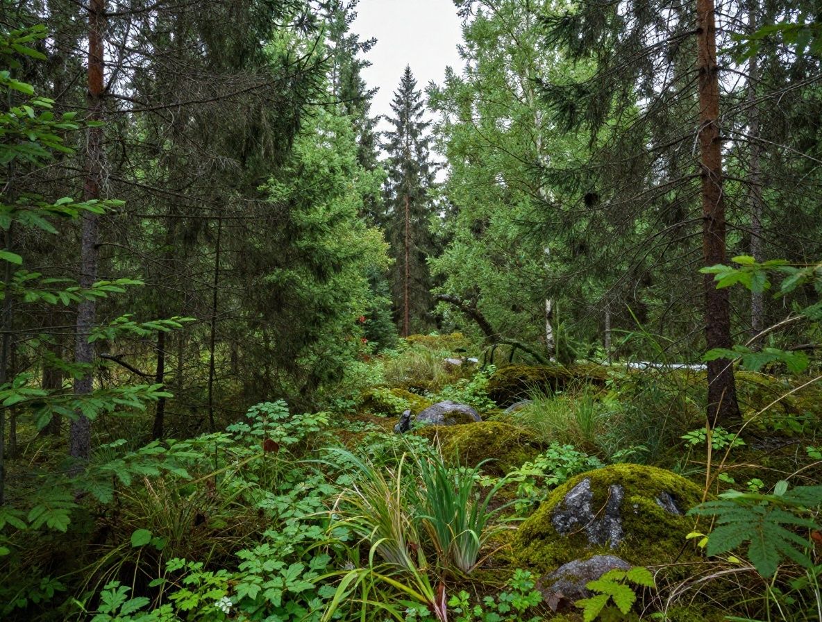 Vihreä metsämaisema aamuvalaistuksessa, sammaleiset kivet ja sumuinen ilma, luonnonrauhaa ja harmoniaa symboloiva ympäristö