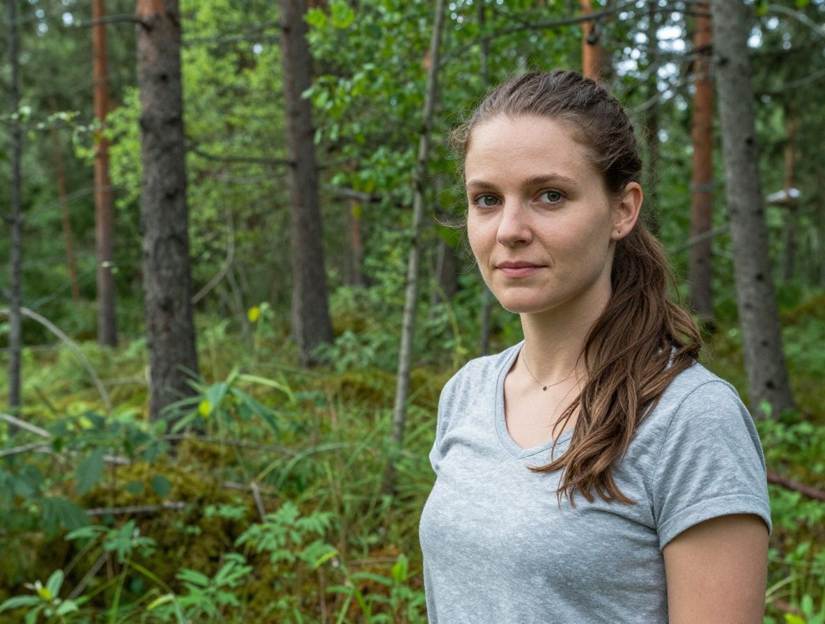 Henkilö kävelee vihreässä metsässä aamuvalaistuksessa, rauhallinen luontoympäristö, symboloiden tasapainoa ja terveellisiä elämäntapoja